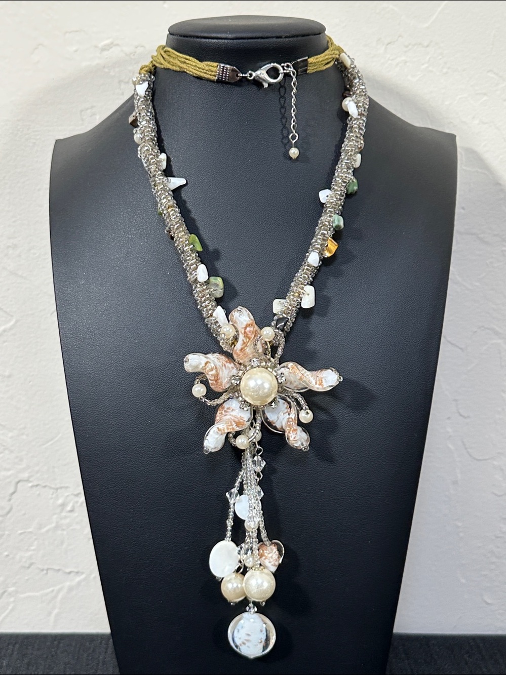 Artisan Boho Art Glass Flower Statement Necklace Woven Cellini Spiral Bead